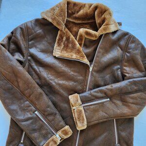 Faux Leather Brown Aviator Jacket Faux Fur Sherpa Fall Winter Soft Comfy  XL